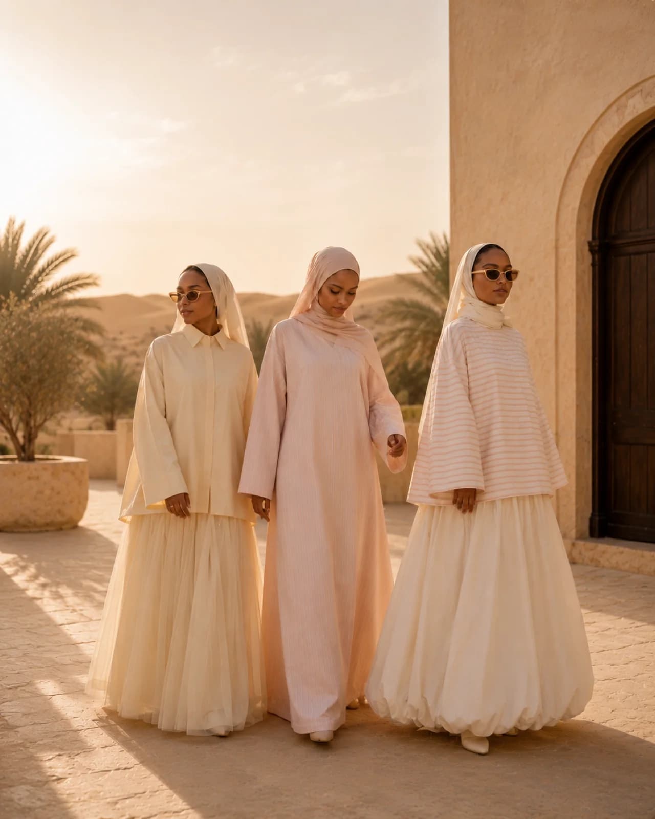 Three veiled female silhouettes in cream abayas, standing before the arch of a Moorish ksar at sunset — opening image of the Suna Mastour universe.