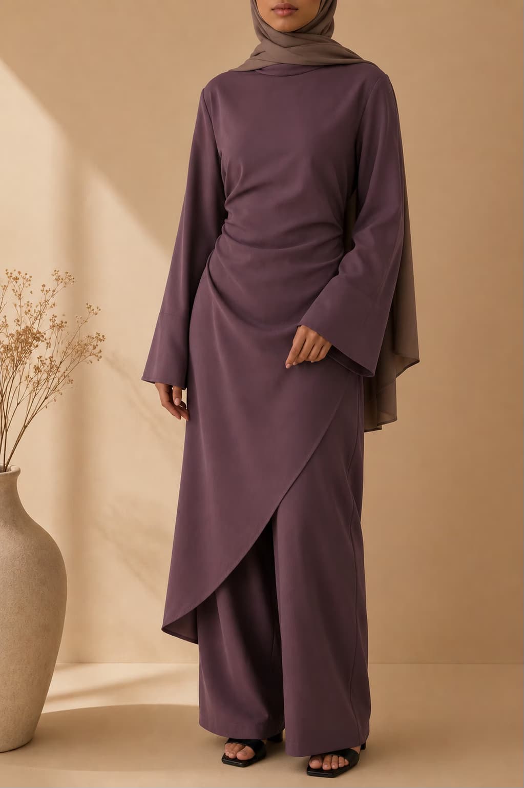 Ensemble Layla en prune, tunique drapée et pantalon large